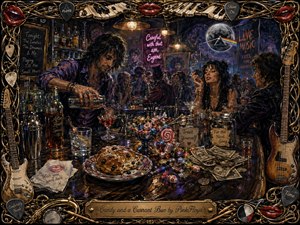 A shaggy-haired bartender pours a glowing red cocktail across a cluttered late-night bar crowded with revelers. Candy, a currant bun, scattered glasses, tools, napkins, spills, coins, and cash tips fill the foreground. Amber lights, neon pinks, deep purples, smoky shadows, and reflective surfaces create a vivid, hand-painted psychedelic atmosphere.