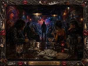 A shadowy figure carrying an axe stands amid a crowded, smoke-filled bar, creating an ominous focal point beyond the wet, cluttered counter. Amber lights, crimson accents, blue haze, and deep shadows heighten the suspense. Painterly textures, scattered drinks, cash tips, and an intricate music-themed frame complete the dramatic composition.