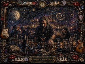 A brooding bartender leans across a rain-slicked counter crowded with glasses, cocktail tools, napkins, spills, coins, and cash tips. Deep blue, purple, amber, and bronze tones glow beneath dramatic bar lights and smoky haze. Textured wax-like brushwork, celestial clockwork symbols, and an ornate musical frame create a mysterious, nocturnal atmosphere.