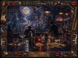 A richly textured wax-painted midnight bar opens into a surreal cosmic dreamscape of moonlight, zodiac symbols, winding stairs, smoke, and shadowy figures. Deep blues, purples, amber, and crimson glow beneath dramatic pendant lights, illuminating scattered glasses, cocktail tools, spills, cash tips, and an intricate musical frame crowned by an engraved title plate.