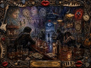 A brooding late-night bar unfolds in richly textured wax, where solitary patrons face a moonlit doorway beneath ghostly childhood memories, clocks, and spectral figures. Deep blues, amber golds, and crimson accents glow under dramatic overhead lights, reflecting across spilled drinks, scattered tools, napkins, cash tips, and an ornate music-themed frame.