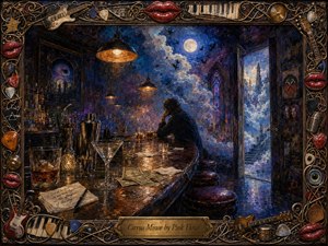 A solitary patron sits at a reflective late-night bar, surrounded by glasses, shakers, napkins, spills, and scattered cash. Moonlit clouds, flying birds, and gothic architecture merge with the interior, creating a dreamy, melancholic mood. Rich blues, purples, and amber highlights glow through textured wax, framed by ornate musical motifs and glossy red lips.