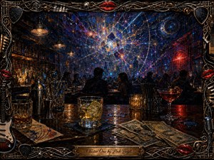 A richly textured wax-painted bar glows beneath warm pendant lights, with crystal glasses, cocktail tools, spilled drinks, napkins, and scattered cash reflecting across the polished counter. Shadowed patrons face a radiant abstract burst of blue, violet, gold, and crimson, while an ornate musical frame and engraved plaque complete the dreamlike composition.