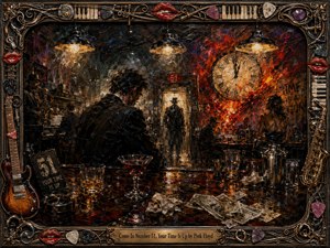 A brooding figure leans over a cluttered late-night bar as a glowing doorway, looming clock, and fiery wall evoke urgency and doom. Rich blacks, reds, oranges, and golds shimmer beneath harsh pendant lights. Thick textured-wax brushwork, scattered glasses, cash, napkins, instruments, and an ornate musical frame create a surreal, cinematic atmosphere.