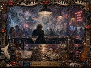 A solitary figure faces a crowded late-night bar, surrounded by hazy patrons, glowing signs, scattered glasses, cocktail tools, napkins, spills, and cash tips. Textured wax painting creates rich depth in blues, purples, amber, and red. Dramatic pendant lights cast sharp highlights and shadows beneath an ornate music-themed frame.