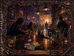 A richly textured wax-painted bar scene glows with amber light against deep blue and violet shadows. Patrons gather around a reflective, cluttered counter scattered with glasses, cocktail tools, spills, napkins, and cash tips. A luminous doorway suggests renewal, while an ornate musical frame and engraved Pink Floyd plaque complete the dramatic composition.