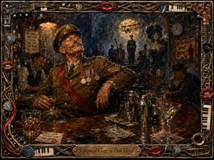 A proud, weathered corporal lounges at a cluttered late-night bar, surrounded by glasses, cocktail tools, spilled drinks, and cash tips. Warm amber light cuts through smoky blue shadows, illuminating medals, reflections, and a surreal wartime backdrop. Thick wax-like textures and an ornate musical frame create a dramatic, nostalgic mood.