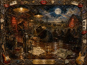 A weary cowboy leans over a cluttered late-night bar beneath glowing amber lamps, surrounded by glasses, cocktail tools, spills, napkins, and scattered cash. Beyond him, a guitarist performs against a moonlit rural landscape. Deep browns, golds, blues, neon accents, waxy textures, and an ornate musical frame create a dreamlike, melancholic atmosphere.