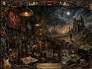 A richly textured wax-painted bar opens onto a moonlit wasteland of shattered buildings and cracked earth, where a lone figure walks through the ruins. Warm amber lamps illuminate scattered glasses, cocktail tools, napkins, spills, and cash tips, contrasting with smoky blue-gray skies and an ornate music-themed frame.