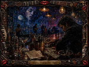A sorrowful man hunches over a whiskey glass in a dreamlike midnight jazz bar, surrounded by reflective glassware, scattered cash, napkins, and cocktail tools. Deep blues, purples, and amber highlights shape the wax-textured scene, while musicians, a glowing city, and an ethereal face emerge through haze within an ornate musical frame.