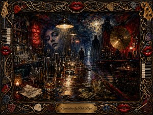 A surreal wax-textured nightclub stretches into a shadowy corridor, where ghostly figures and a sleeping face evoke uneasy dreams. Amber, crimson, blue, and black tones glow beneath harsh pendant lights, reflecting across a cluttered bar of glasses, tools, spills, and cash. An ornate musical frame completes the haunting composition.