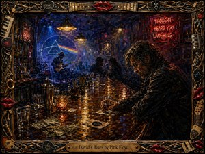 A solitary man sits hunched over a whiskey glass in a smoky late-night blues bar, while a guitarist performs beneath cool blue stage light. Amber lamps shimmer across the cluttered counter, scattered cash, glasses, and spills. Thick wax-like textures, deep shadows, neon red accents, and an ornate musical frame create a melancholic, cinematic mood.