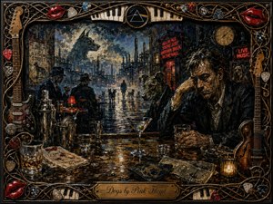 A weary man sits at a cluttered late-night bar beside watchful dogs, while shadowy figures and a rain-soaked industrial city recede behind him. Deep blues, bronze, black, and red glow beneath harsh lights and haze. Thick wax-like textures, reflective glassware, cash, neon signs, and an ornate musical frame intensify the brooding mood.