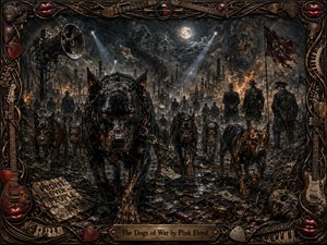 A menacing pack of black war dogs advances through a ruined industrial city, led by a powerful chained hound beneath moonlight, searchlights, smoke, and distant flames. Shadowy officers, flying money, skulls, and broken machinery deepen the ominous mood. Dark charcoal, rust, amber, and red tones enrich the textured painted style.