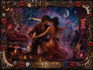 A romantic couple dances closely in a surreal cosmic lounge, surrounded by glowing vinyl, instruments, moonlit skies, and swirling psychedelic energy. Rich crimson, violet, teal, and gold tones shimmer beneath dramatic highlights and deep shadows. The textured mixed-media painting is enclosed by an ornate musical frame with piano keys, picks, strings, and glossy red lips.