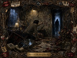 In a decaying, rain-darkened room, a desperate man reaches toward a shadowy figure leaving through a blue-lit doorway. Warm lamplight cuts across peeling walls, broken glass, wilted roses, scattered letters, and an abandoned telephone. Rich oil-and-wax textures, muted browns, blues, and reds create a haunting, theatrical mood.