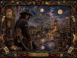 A mysterious bohemian guitarist stands beside a rain-slicked path beneath twin moons, watching figures approach a glowing pavilion. Deep blues, violets, tarnished gold, and crimson create a dreamlike nocturnal mood. Textured oil-and-wax brushwork, drifting musical notes, reflective puddles, lanterns, and an ornate instrument-and-lips frame enrich the surreal composition.