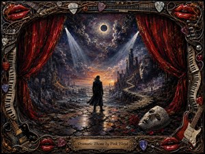 A lone dark figure stands amid rain-slicked ruins beneath an eclipsed sky, framed by crimson theater curtains and shafts of silver light. Deep blues, smoky violets, fiery amber, and red accents create a haunting, cinematic mood. Textured oil-like brushwork, a broken mask, rose petals, and an ornate musical border enrich the surreal scene.