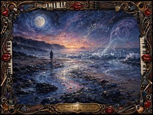 A solitary figure stands on a moonlit rocky shore as luminous tides curl beneath a violet-blue sky filled with drifting musical notes. Silver waves, reflective pools, and a warm horizon create a contemplative, dreamlike mood. Rich impasto textures and dramatic lighting are enclosed by an ornate frame of instruments, piano keys, picks, strings, and glossy red lips.