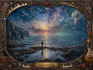 A solitary figure stands on a reflective rocky shore, facing concentric waves beneath a vast cosmic sky. Deep blues, teals, violets, and golden light create a mysterious, contemplative mood. Painterly textures, ghostly faces, birds, and celestial forms enrich the scene, framed by ornate musical instruments, keys, strings, picks, and red lips.