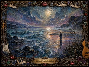 A solitary figure stands on a moonlit shore as curling waves and shimmering reflections sweep through a dreamlike coastal landscape. Painted in richly textured blues, violets, golds, and silvery pinks, the scene feels contemplative and fluid. An ornate musical frame of guitars, picks, piano keys, and glossy red lips surrounds the luminous, handcrafted seascape.