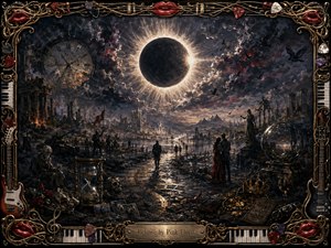 A radiant solar eclipse dominates a ruined cosmic valley, where lone figures, lovers, clocks, skulls, treasure, and shattered monuments symbolize lifes final reckoning. Midnight blues, smoky violets, muted gold, and crimson glow beneath dramatic silver light. Rich oil-paint textures and an intricate musical frame create a haunting, monumental atmosphere.