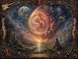 A glowing embryo curls within a translucent cosmic cocoon above a reflective river valley, watched by silent robed figures. Deep indigo skies, silver moons, warm amber light, and rose-colored organic forms create a mystical, tender mood. Rich painterly textures and an ornate musical frame enhance the dreamlike composition.