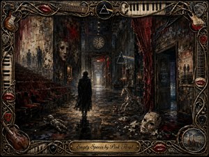 A solitary figure walks through a decaying theatrical corridor filled with empty red seats, broken masks, faded curtains, scattered toys, and distant glowing doorways. Deep blacks, tarnished golds, burgundy, and cold blue highlights create a haunting, reflective mood. An ornate musical frame surrounds the richly textured, surreal oil-painted scene.
