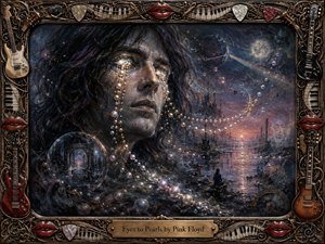 A luminous, dark-haired figure gazes across a surreal cosmic seascape as pearl-like tears stream from glowing eyes and drift through misty air. Deep blues, violets, silver, and rose-gold light create a melancholy dreamscape. Rich painterly textures, distant silhouettes, reflections, instruments, and an ornate musical frame heighten the mystical atmosphere.
