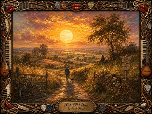 A richly textured oil painting shows a tranquil countryside glowing beneath an immense golden sunset. An elderly walker and dog follow a winding path past a bicycle, stone walls, wildflowers, and a seated dreamer. Warm amber, rose, and violet light fills the nostalgic scene, framed by ornate musical instruments, piano keys, picks, and red lips.