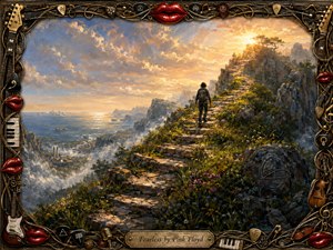 A lone hiker climbs a rugged stone path toward a radiant mountain summit above a misty coastal valley. Golden sunlight breaks through blue and amber clouds, illuminating wildflowers and rocky slopes. Rich oil-paint textures create a hopeful, cinematic mood, enclosed by an ornate frame of instruments, strings, piano keys, picks, and glossy red lips.