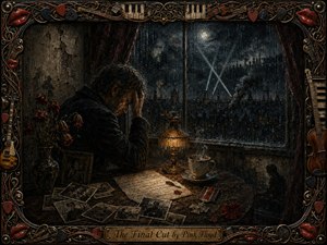 A weary man sits beside a rain-streaked window, surrounded by old photographs, a letter, medal, cracked cup, and wilted flowers. Warm amber lamplight contrasts with the stormy blue-black city beyond, where searchlights pierce smoky skies. Rich oil-like textures and an ornate musical frame create a mournful, handcrafted atmosphere.