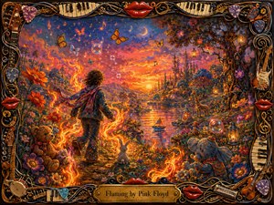 A young dreamer walks through a glowing psychedelic meadow toward a fiery sunset, surrounded by swirling flames, flowers, butterflies, bubbles, toys, lanterns, and musical notes. Rich oranges, pinks, purples, and golds create a whimsical, adventurous mood. Painterly textures and radiant lighting deepen the fantasy, enclosed by an ornate musical frame.