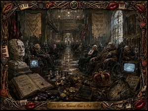 A decaying memorial hall shelters rows of aged, authoritarian figures beneath crumbling slogans and cold institutional light. Painted in muted sepia, gray, tarnished gold, and deep crimson, the scene feels oppressive and satirical. Cracked busts, televisions, medals, chess pieces, and a jeweled crown crowd the foreground within an ornate musical frame.