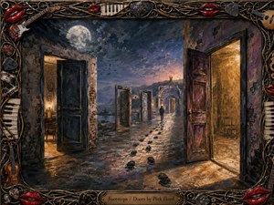 A lone figure follows dark footprints along a moonlit stone path lined with mysterious open doors. Cool blues, smoky violets, and warm amber light create a haunting, reflective mood. Rich oil-paint textures, deep perspective, glowing interiors, distant ruins, and an ornate musical frame give the surreal scene dramatic handcrafted detail.