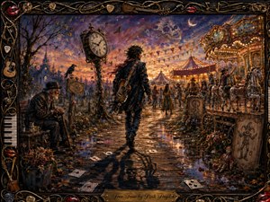 A lone guitarist walks through a rain-slicked twilight carnival, passing an elderly observer, a looming clock, ravens, carousel horses, scattered cards, and haunting cemetery silhouettes. Warm amber lights glow against violet-blue skies, creating a bittersweet, dreamlike mood. Rich painterly textures and an ornate musical frame complete the handcrafted scene.