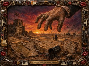 A colossal, grasping hand looms over a war-scarred desert where refugees cross cracked earth beneath tanks, helicopters, ruins, and leaking oil. Fiery orange, rust, and violet skies create a tense, apocalyptic glow. Thick, tactile brushwork and sand-like textures are enclosed by an ornate musical frame of strings, keys, picks, instruments, and glossy red lips.