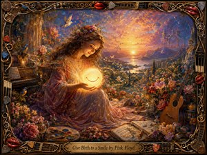 A serene woman cradles a glowing smile-shaped orb in a lush, dreamlike garden overlooking a radiant sunset valley. Warm gold, rose, violet, and indigo tones create a tender, mystical mood. Flowing musical notes, flowers, birds, instruments, and an ornate handcrafted frame enrich the richly textured fantasy painting.