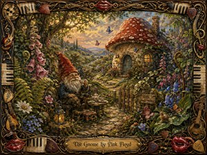 A cheerful white-bearded gnome enjoys tea beside a glowing lantern in an enchanted garden, where a winding stone path leads to a red-capped mushroom cottage. Warm golden light illuminates lush greens, ruby reds, bluebells, butterflies, and tiny woodland details, all rendered in richly textured storybook paint within an ornate musical frame.