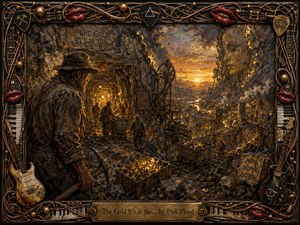 A weathered miner overlooks a vast, glowing gold mine at sunset, where workers, carts, machinery, and illuminated tunnels descend into smoky depths. Rich ochres, charcoal shadows, and metallic highlights create a tense, hypnotic mood. Textured oil-painting effects, symbolic skulls, golden rock veins, and an ornate musical frame complete the dramatic scene.