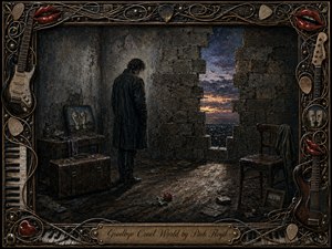 A solitary man stands in a crumbling, shadowed room, facing a narrow opening toward a distant twilight city. Muted browns, charcoal grays, and violet-orange light create a mournful farewell mood. Textured oil-and-charcoal brushwork, scattered belongings, a fallen rose, and an ornate musical frame deepen the symbolic, handcrafted composition.