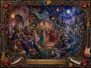 A regal vizier presides over a moonlit palace garden alive with masked dancers, musicians, peacocks, lanterns, fountains, and drifting silk banners. Deep sapphire, emerald, crimson, and gold create a mystical, celebratory mood, while painterly textures and glowing reflections add depth. An ornate musical frame surrounds the richly detailed scene.