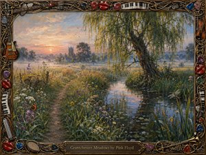 A tranquil English meadow glows beneath a rosy dawn, where a willow bends over a reflective stream edged with wildflowers, reeds, butterflies, and a hidden bicycle. Mist softens a distant church tower, while warm golds, greens, and blues enhance the serene, nostalgic mood. Rich oil textures complete the handcrafted pastoral scene.