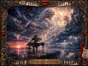 A luminous female spirit rises singing through stormy celestial clouds above a solitary grand piano on a reflective cliff. Deep blues, violets, gold, and crimson create a transcendent mood, intensified by radiant beams, drifting music sheets, and white birds. An ornate musical frame of strings, keys, instruments, picks, and red lips surrounds the painterly scene.