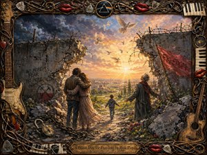 A shattered concrete wall opens onto a radiant sunrise, where an embracing couple, an elderly figure, and a child move toward freedom. Golden light, white doves, broken chains, rubble, flowers, and a red flag create a hopeful, triumphant mood. Rich oil-paint textures and an ornate musical frame complete the symbolic composition.