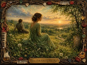 A contemplative woman in a flowing green dress sits beside a quiet companion on a wildflower-covered hillside, overlooking a sunlit valley and winding path. Golden evening light warms lush emerald fields beneath a luminous sky. Rich, textured brushwork and an ornate musical frame create a romantic, nostalgic, handcrafted atmosphere.