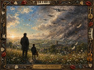 An adult and child stand among sunlit wildflowers, overlooking a peaceful English village as dark bombers invade the fading blue sky. Warm golds and soft greens contrast with smoky grays and black silhouettes. Thick, expressive oil textures heighten the melancholy, framed by ornate musical instruments, piano keys, picks, strings, and glossy red lips.