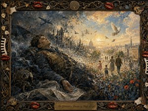 A wounded airman rests amid smoky wartime ruins as his vision opens toward a peaceful, sunlit city filled with families, flowers, birds, and hope. Thick, expressive brushwork blends charcoal blues and grays into warm golds and creams. An ornate musical frame of strings, keys, guitars, picks, and red lips surrounds the scene.