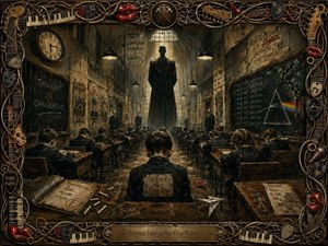 A vast, decaying schoolroom stretches toward a towering, faceless authority figure as uniformed children sit rigidly at worn desks. Sepia browns, grim greens, and muted reds deepen the oppressive mood, while harsh lamps and distant window light create dramatic shadows. An intricate musical frame surrounds the richly textured painted scene.