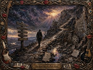 A solitary traveler climbs a shattered mountain path toward radiant light beneath storm-darkened skies. Deep blues, charcoal, violet, and amber shape the dramatic, textured painting, while ghostly faces, broken clocks, weathered signs, and scattered pages symbolize struggle and wisdom. An ornate musical frame surrounds the haunting, hopeful scene.